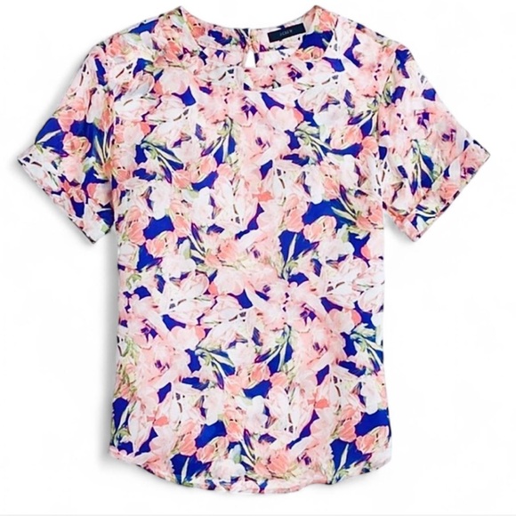 J. Crew Silk Blouse Lily Pattern Pink, Business Casual Top, Short Sleeve, 00 / P - Picture 1 of 7